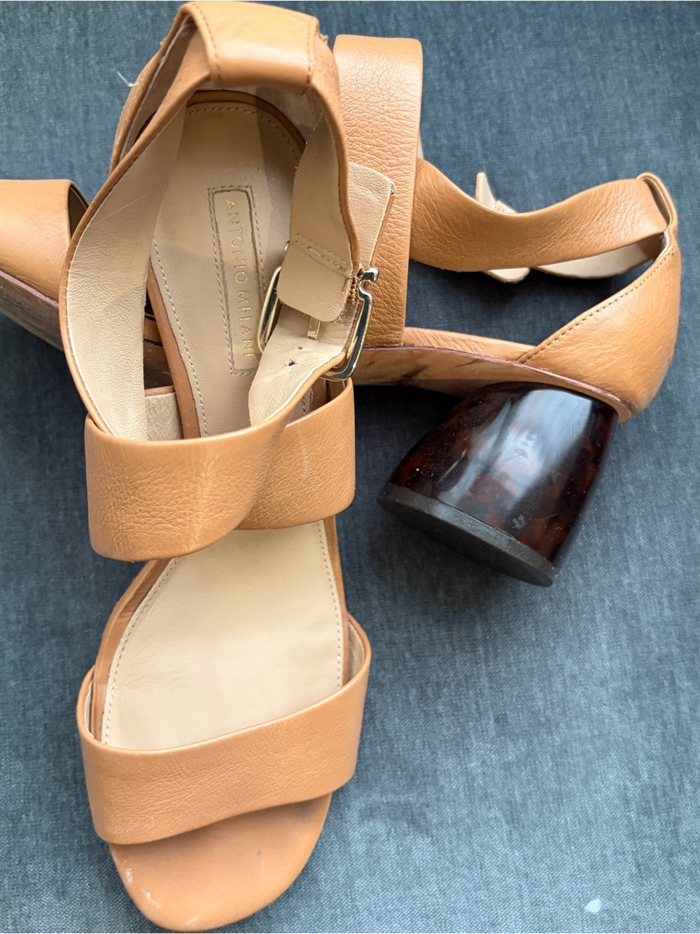 Tan Sandal Heels with Tortoise shell round heel size 10 - Picture 3 of 7